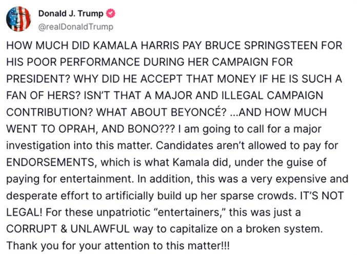 Text post questioning Kamala Harris's payment to entertainers like Bruce Springsteen during her campaign, calling it a campaign contribution issue