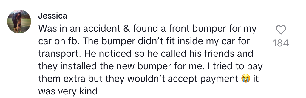 A woman shares a story of a helpful act: strangers install a car bumper she bought online after it didn’t fit inside her car for transport
