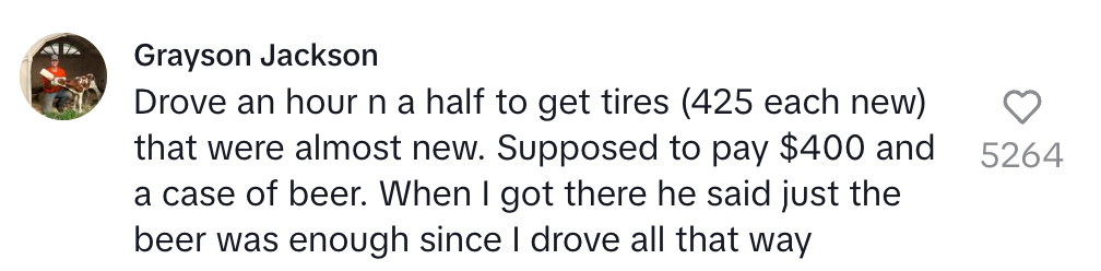 A user recounts driving 1.5 hours for tires meant to cost $400 and beer, but was charged only the beer for the long drive