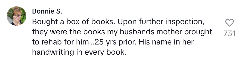A person named Bonnie S. shares a story about finding books bought for her husband by his mother 25 years ago, with his name handwritten in them