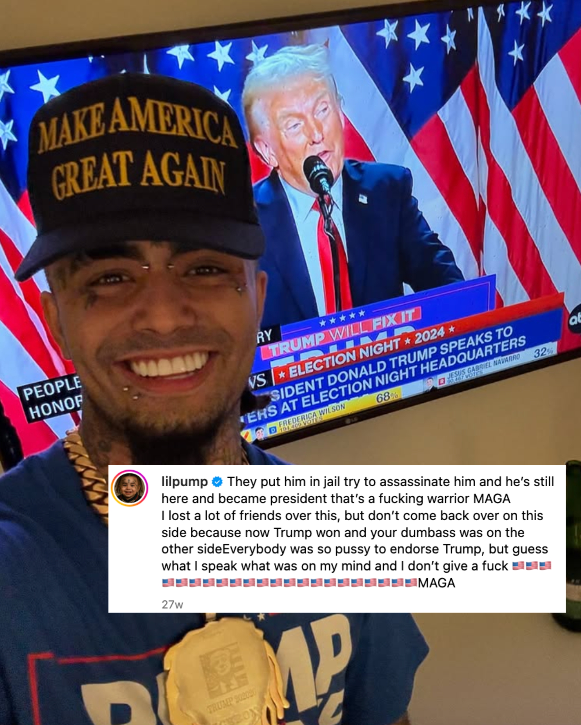 Man smiling in front of TV showing former U.S. President at a podium. Man wearing "Make America Great Again" hat and large gold chain