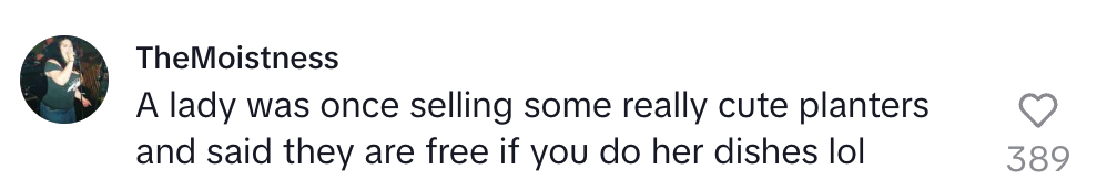 Comment reads: "A lady was once selling cute planters and said they are free if you do her dishes lol."