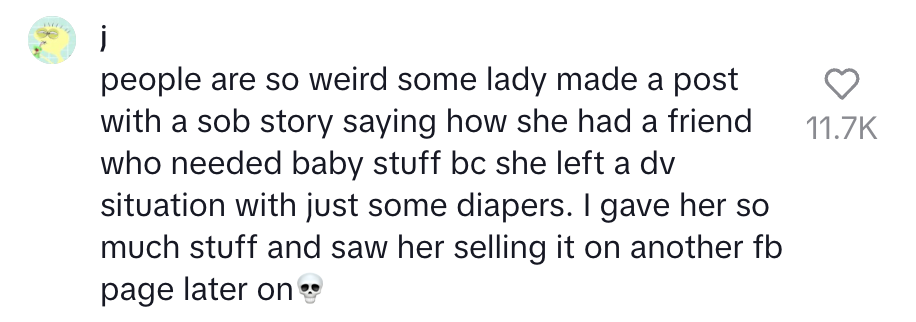 Summary of text: The post describes giving baby items to a woman who fled a domestic violence situation, only to later see the items for sale on Facebook