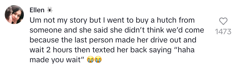 Ellen shares a story about buying a hutch; the seller was hesitant due to a previous bad experience with a late customer
