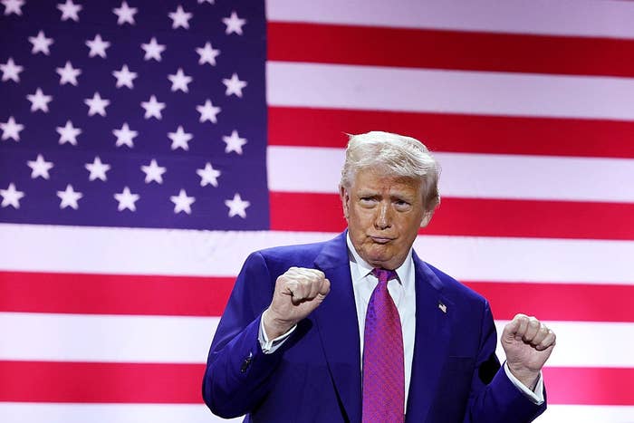 Person successful  a suit   gestures with fists adjacent   an American emblem  backdrop