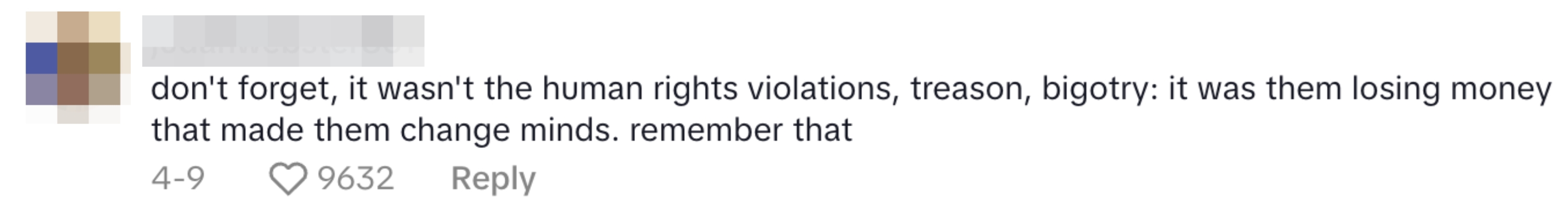 Comment saying loss of money, not ethical issues, prompted change