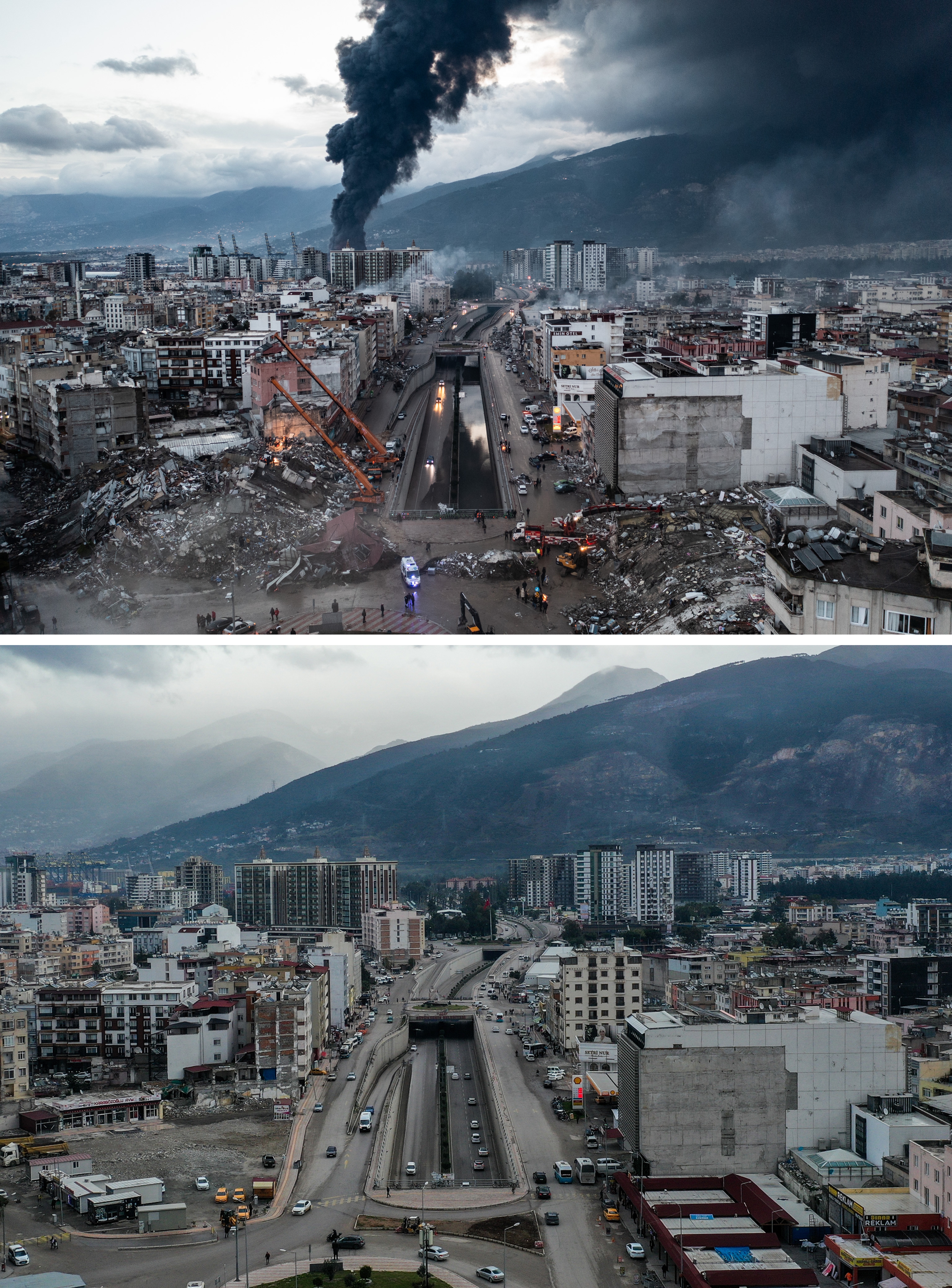 Two aerial photos of the same urban area: one shows significant destruction and smoke; the other shows reconstruction and urban recovery