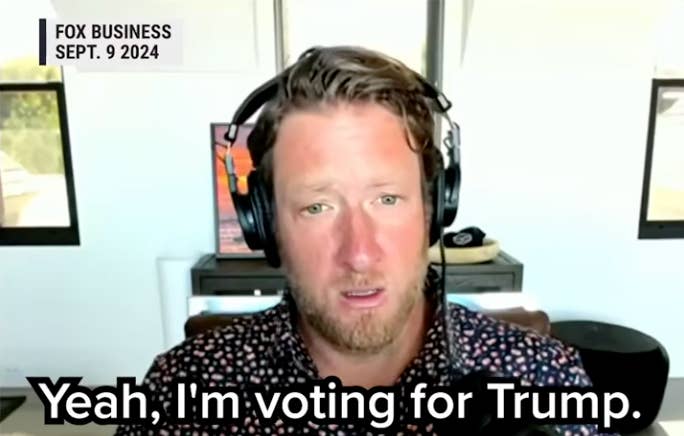 Man successful a patterned garment with headphones says, "Yeah, I'm voting for Trump," during a Fox Business interview, dated September 9, 2024