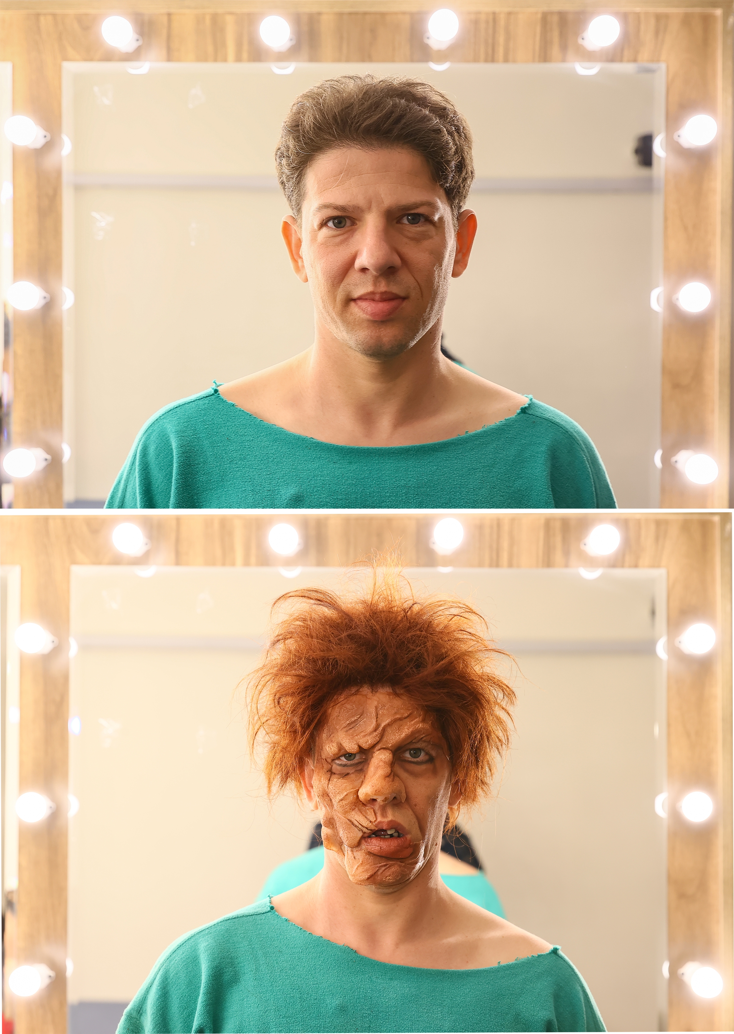 Person sitting in front of a mirror, top image with untouched face, bottom with elaborate prosthetic and makeup transforming face into a fantasy character