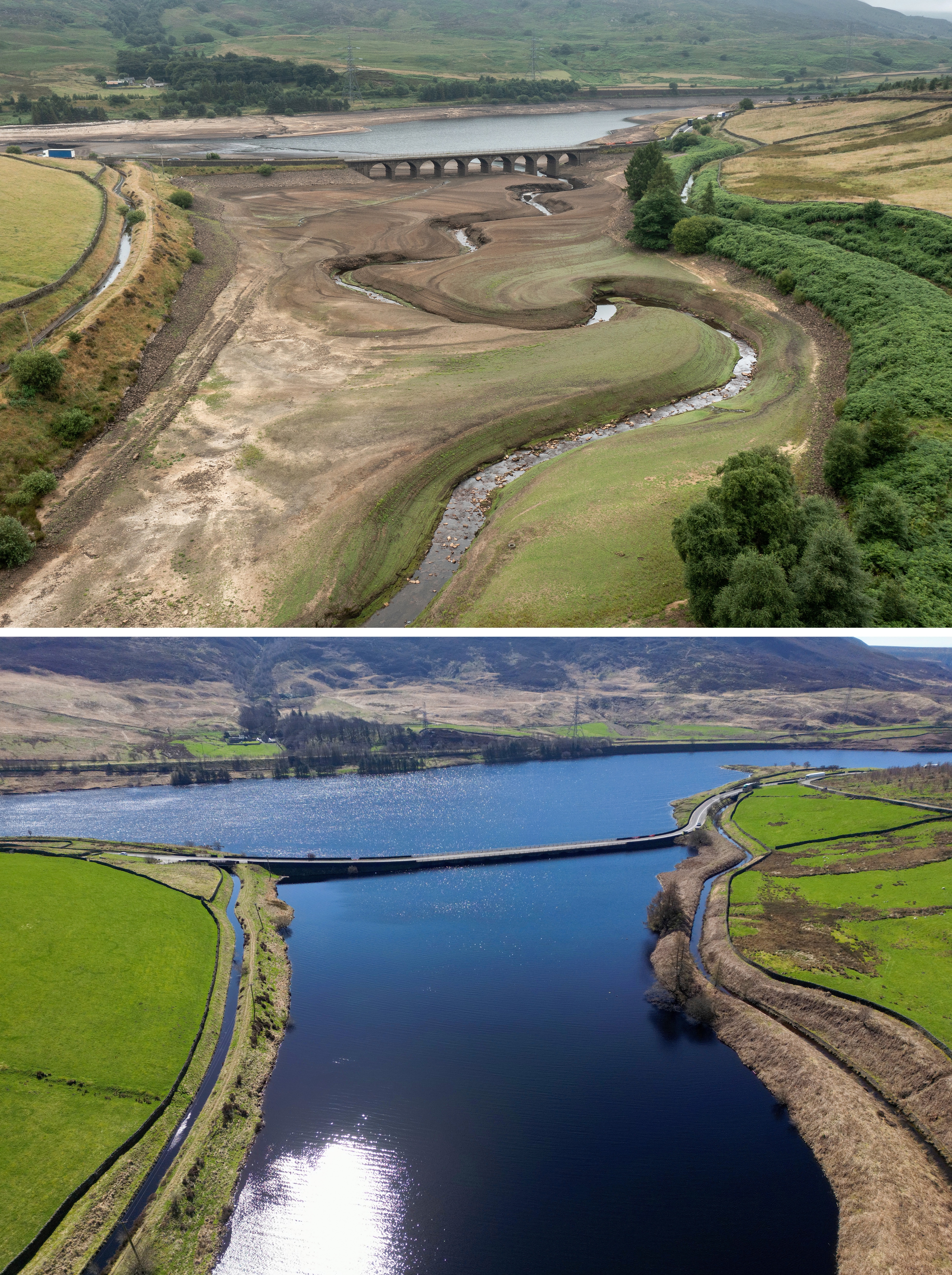 Top: A nearly dry riverbed with a bridge in the background. Bottom: The same river with full water levels and surrounding greenery