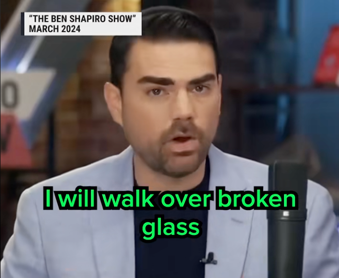 A person in a show with text overlay: "I will walk over broken glass."