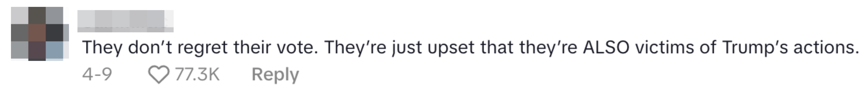 A comment states: "They don't regret their vote. They're just upset that they're ALSO victims of Trump's actions." 77.3K likes
