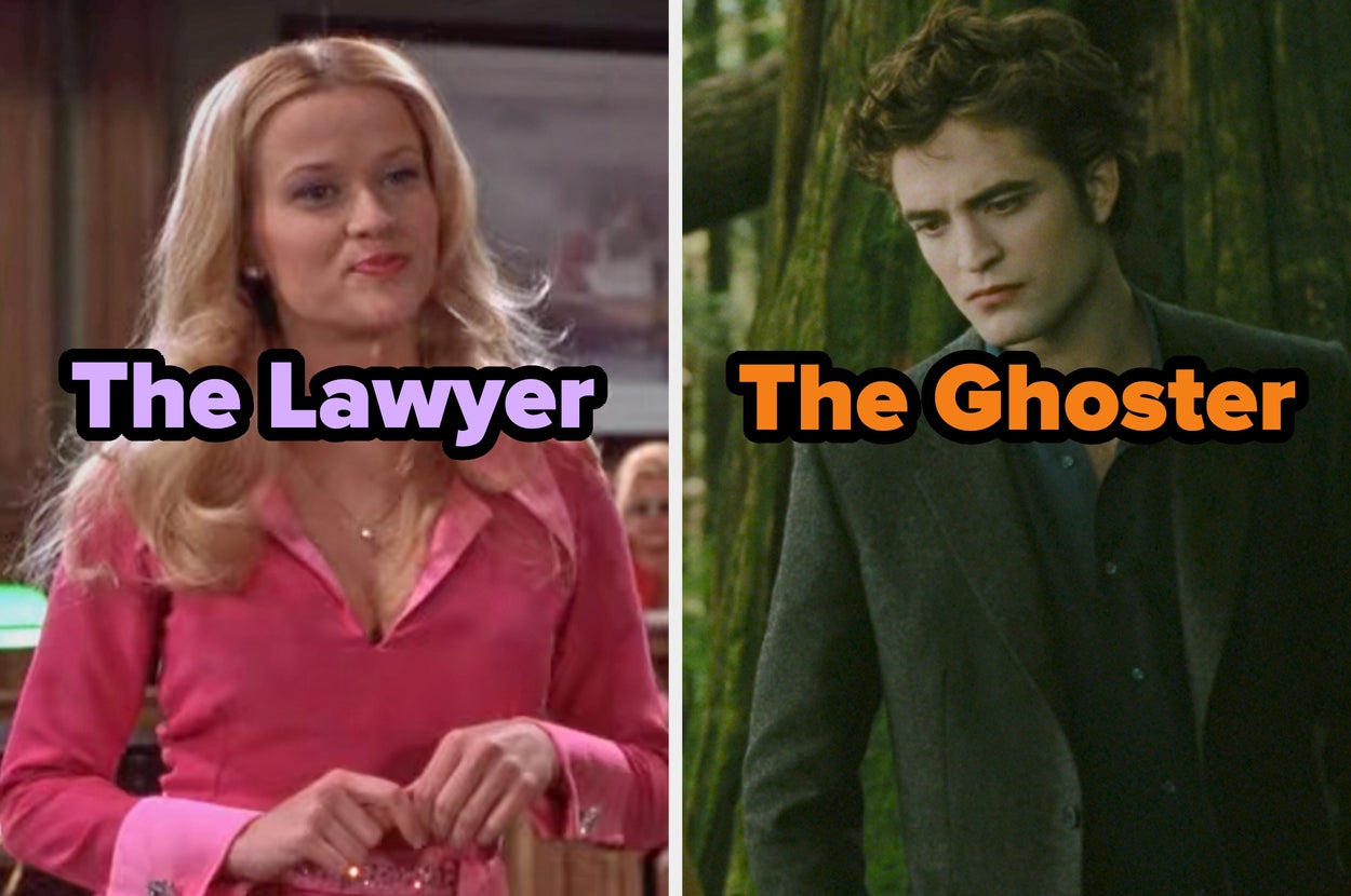 On the left, Elle Woods from Legally Blonde labeled the Lawyer, and on the right, Edward Cullen in the woods in New Moon labeled the Ghoster