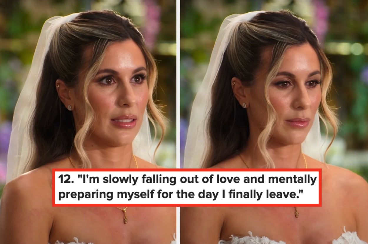 Bride in wedding dress with veil sharing emotional thoughts about falling out of love