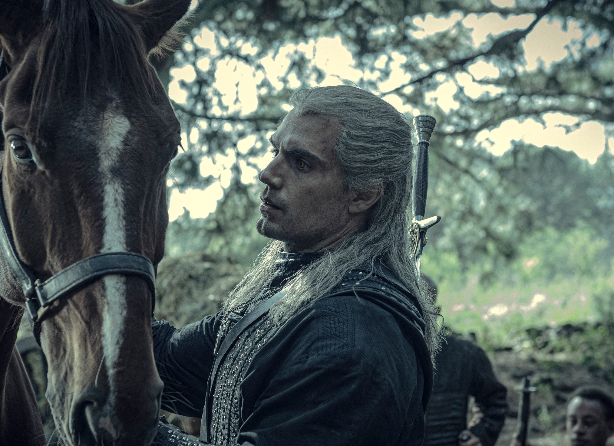 Person in medieval fantasy attire stands beside a brown horse in a wooded area, holding the reins and looking at the horse