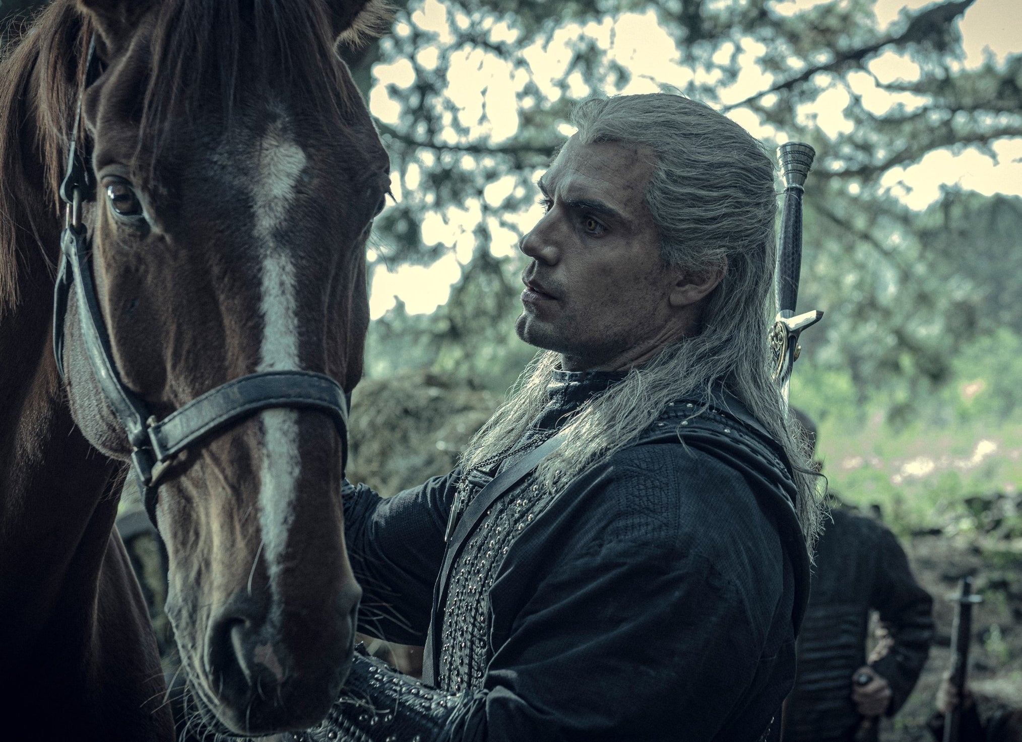 Person in medieval fantasy attire stands beside a brown horse in a wooded area, holding the reins and looking at the horse
