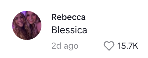 Profile image of two smiling individuals. Text reads: "Rebecca Blessica, 2d ago." Heart symbol with 15.7K next to it