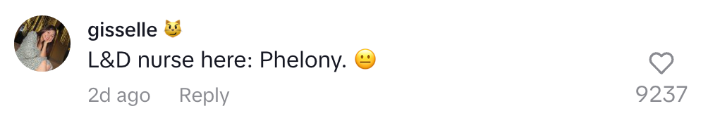 A comment saying, "L&D nurse here: Phelony," with a neutral face emoji, and a like count of 9237
