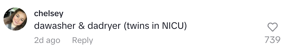 Comment reads: "dawasher & dadryer (twins in NICU)," posted 2 days ago with 739 likes