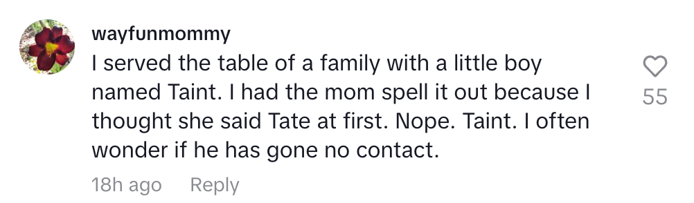 Comment about a server misunderstanding a boy's name as "Taint" instead of "Tate" and wondering about their contact status