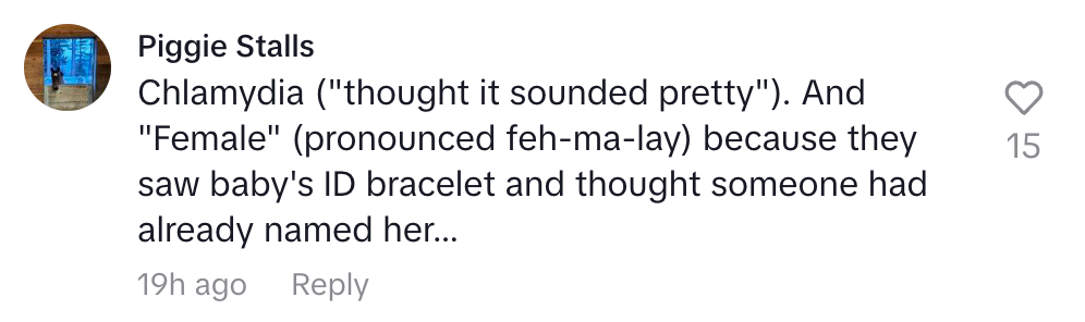 Comment humorously relates to someone naming a child "Chlamydia" and "Female" after misunderstandings