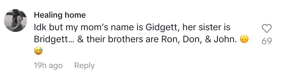 Comment humorously noting family names: mom's Gidgett, sister's Bridgett, brothers Ron, Don, and John