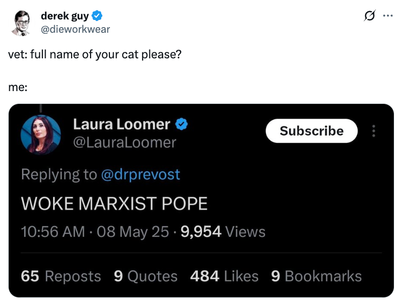 Tweet about a cat's name as "WOKE MARXIST POPE" with user interactions