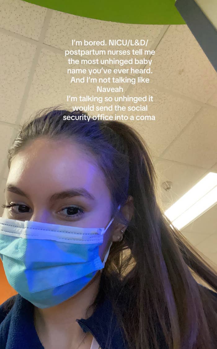 Person in a mask indoors with text about unusual baby names that challenge the social security office