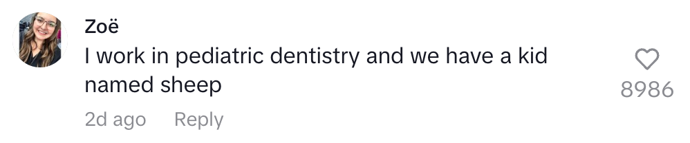 Comment by Zoë: "I work in pediatric dentistry and we have a kid named sheep." 8986 likes