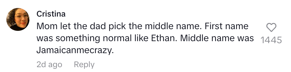 Comment about a dad choosing a child’s middle name, humorously suggesting it was "Jamaicanmecrazy."