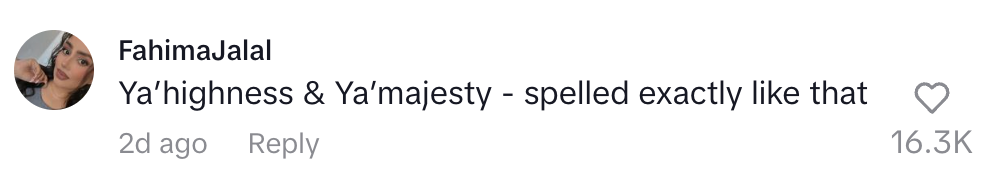 Comment saying: "Ya’highness & Ya’majesty - spelled exactly like that." 16.3K likes, 2 days ago