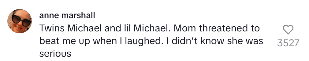 A humorous social media comment about twin boys named Michael, mentioning their mom's unexpected serious reaction to laughter