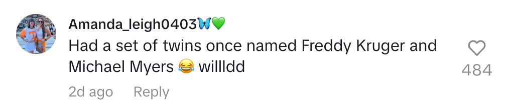 Social media comment reads: "Had a set of twins once named Freddy Kruger and Michael Myers ? willldd."