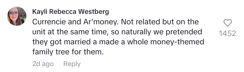 Comment about creating a money-themed family tree for two unrelated students named Currencie and Ar’money, who were on the same unit