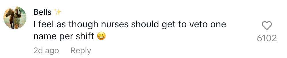 Comment reads: "I feel as though nurses should get to veto one name per shift ?"