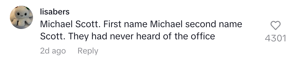 Comment joking about the name Michael Scott, referencing "The Office," with a plush toy profile image and 4301 likes