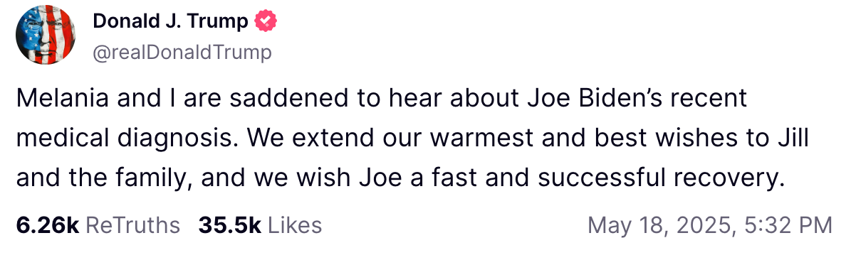 Donald J. Trump tweets support for Joe Biden's health, wishing him a quick recovery