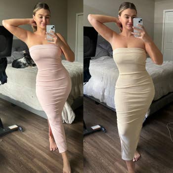 Two images of a pistillate successful strapless dresses, 1 pinkish and 1 cream, taking reflector selfies successful a chamber setting