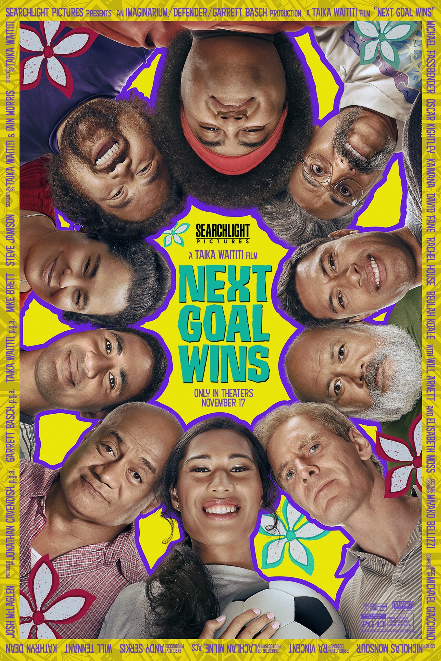 Poster for the movie "Next Goal Wins" shows smiling faces arranged in a circle around the title. Release date: November 17