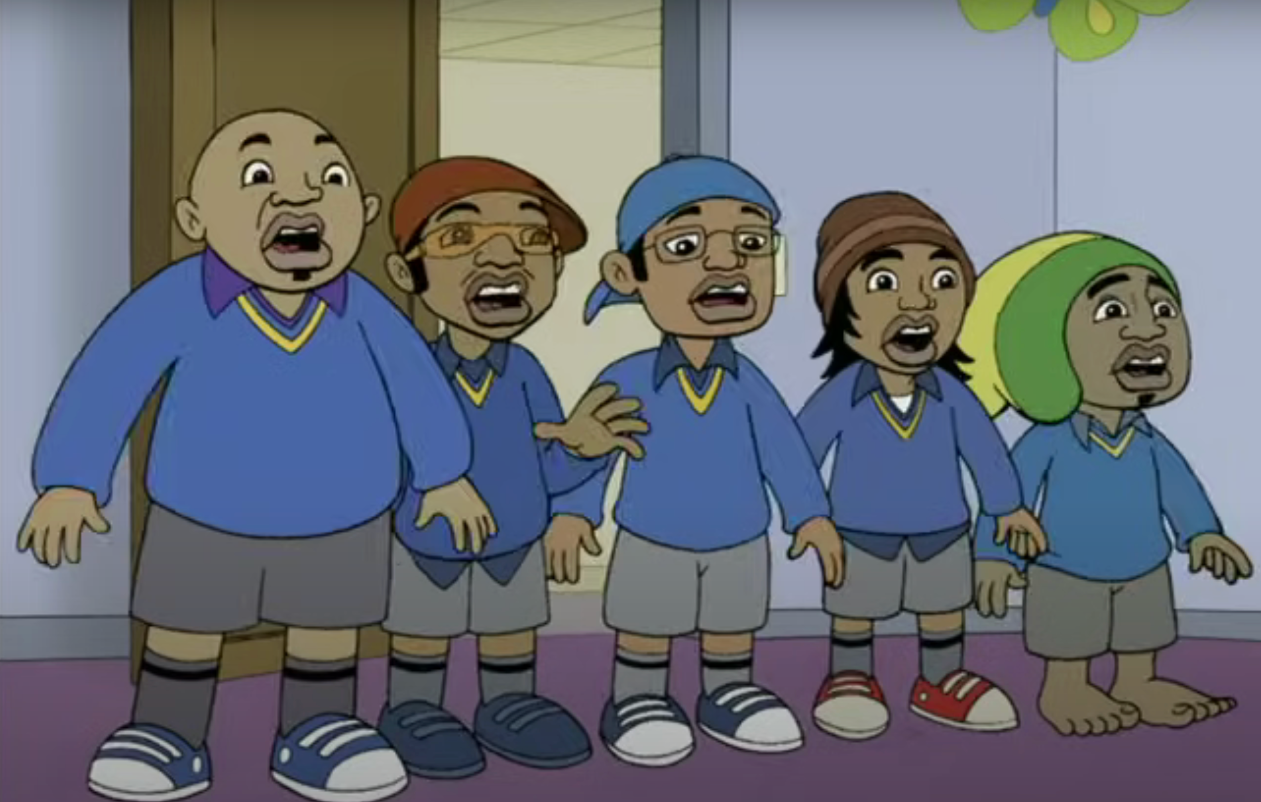 Five animated kids in blue tops, shorts, and sneakers express surprise. One wears a beanie, another a headband, and a third a cap
