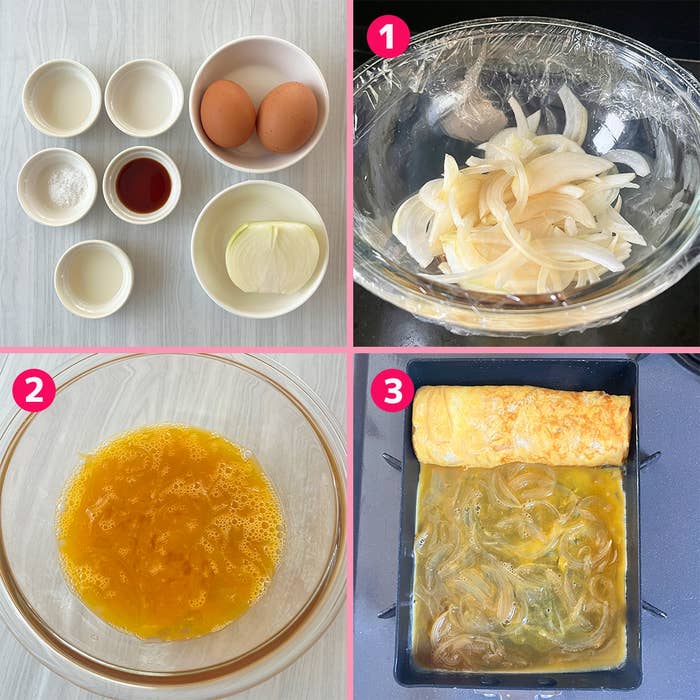 1. 玉ねぎをボウルに入れてレンジで加熱。2. 卵液を作る。3. 玉ねぎと卵で卵焼きを作る工程。