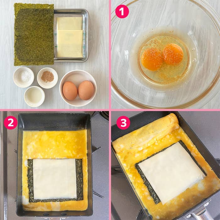 卵を溶き、のりとチーズを重ねて卵焼き器で調理するプロセスの3コマ画像。