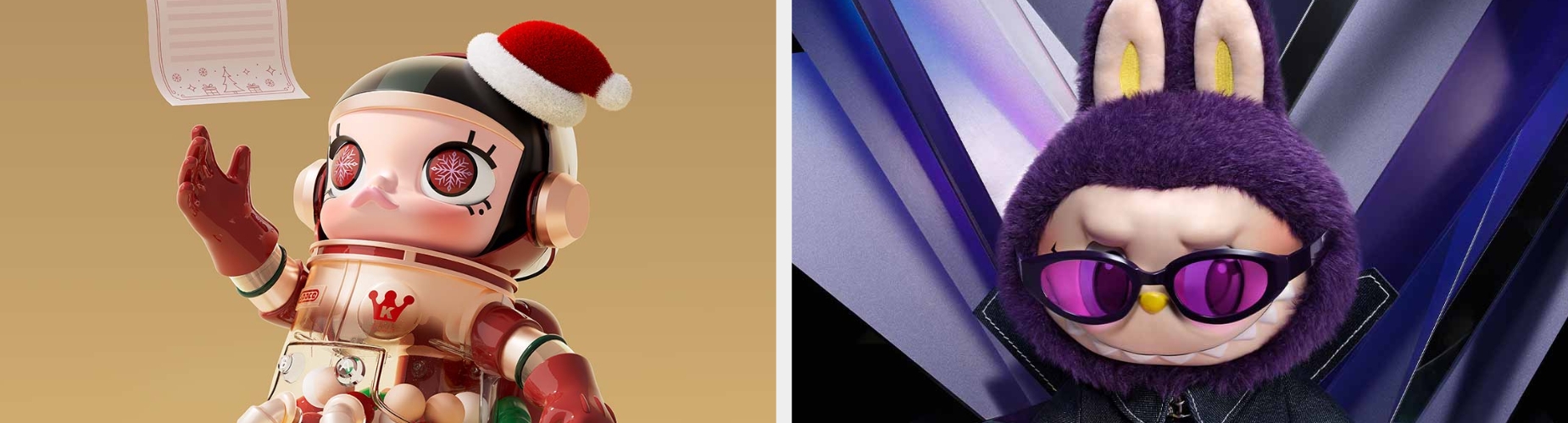 Two toy figures: one is space-themed with a Santa hat, holding a list; the other has a rabbit hood, sunglasses, and a futuristic vibe