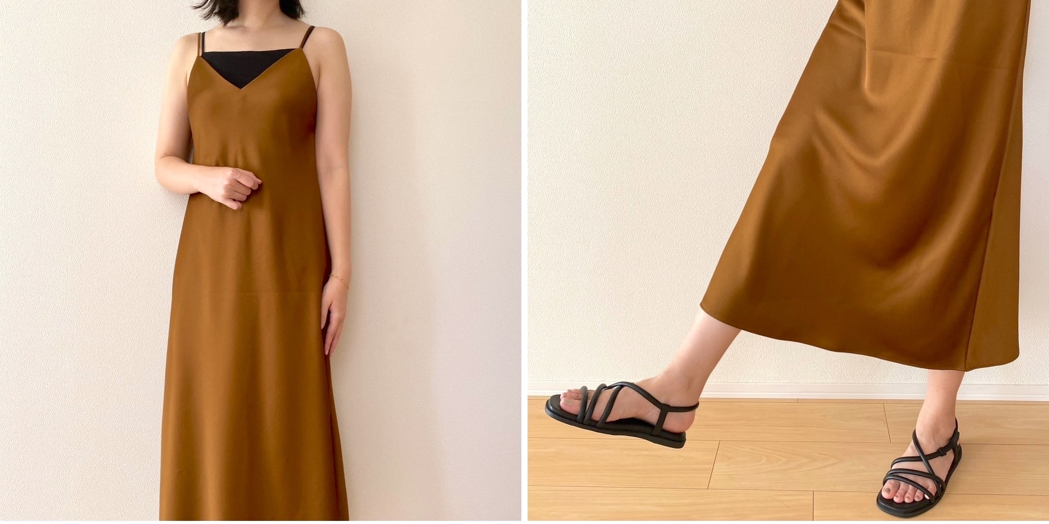 6色 サテン キャミソール ワンピース ドレス きれいめ 光沢感 ♪ ユニクロの「夏ワンピ」が超オシャレ!サテンのツヤ感が美しいし