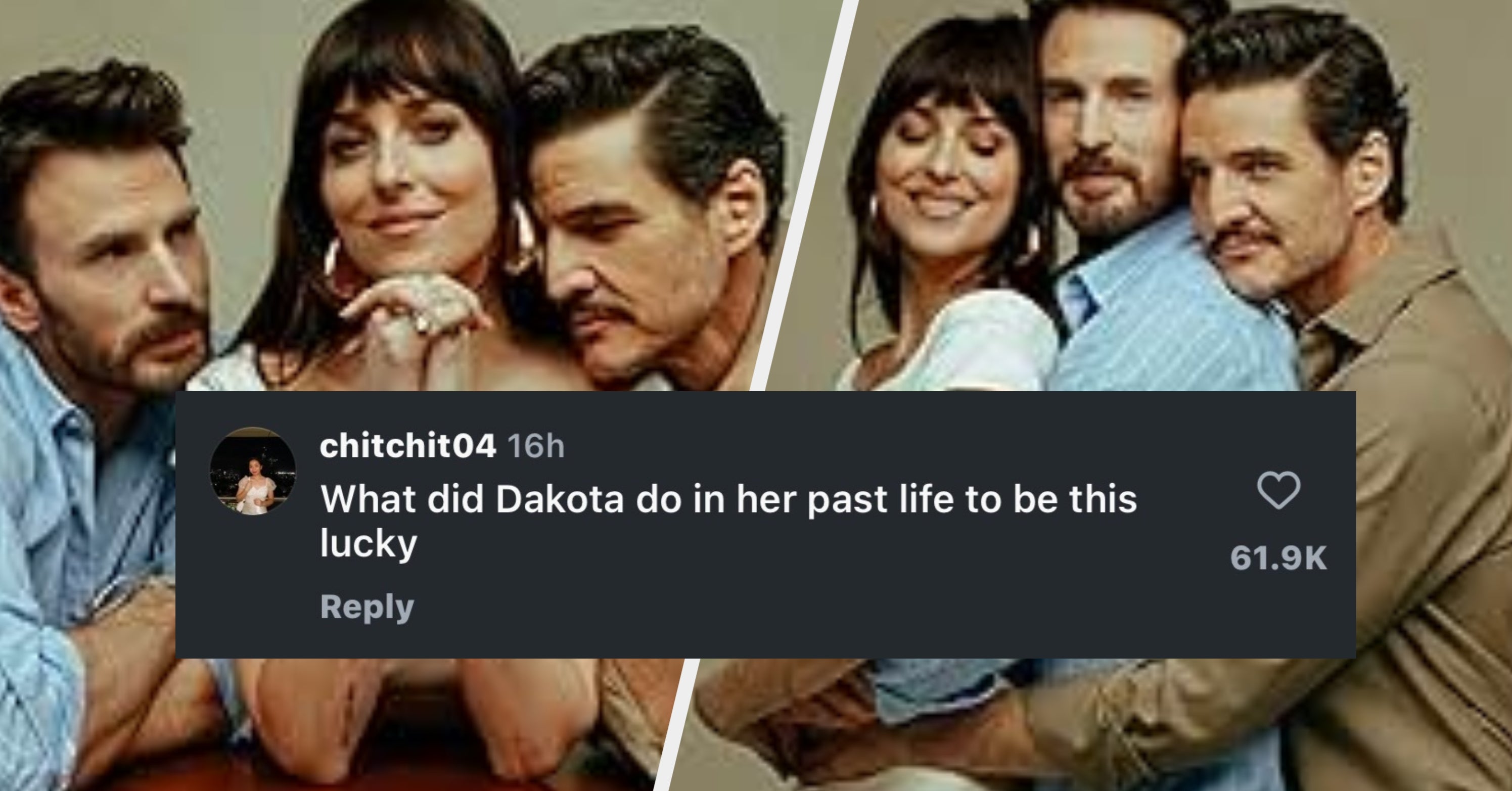 Everyone Is Completely Freaking Out Over Dakota Johnson's New Pictures With Pedro Pascal And Chris Evans