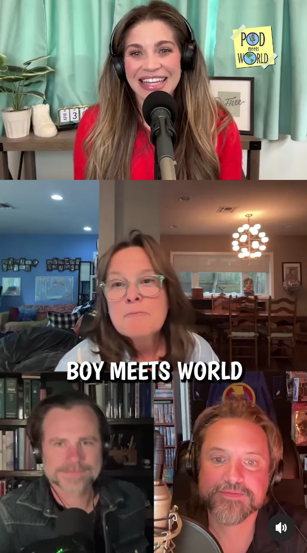 Podcast discussion with four people, one above and three below, titled "Boy Meets World." Each person is speaking into a microphone