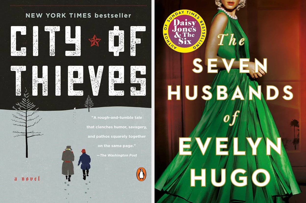Covers of "City of Thieves" showing two figures in snow and "The Seven Husbands of Evelyn Hugo" featuring a woman in a green dress
