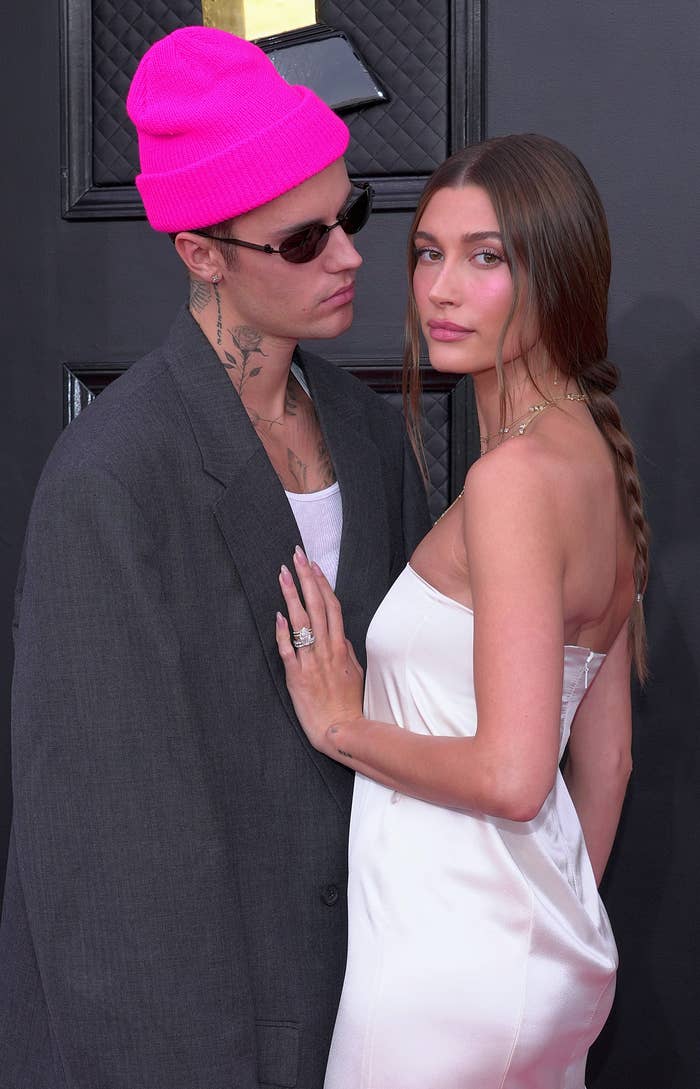 Justin Bieber and Hailey Bieber on a red carpet