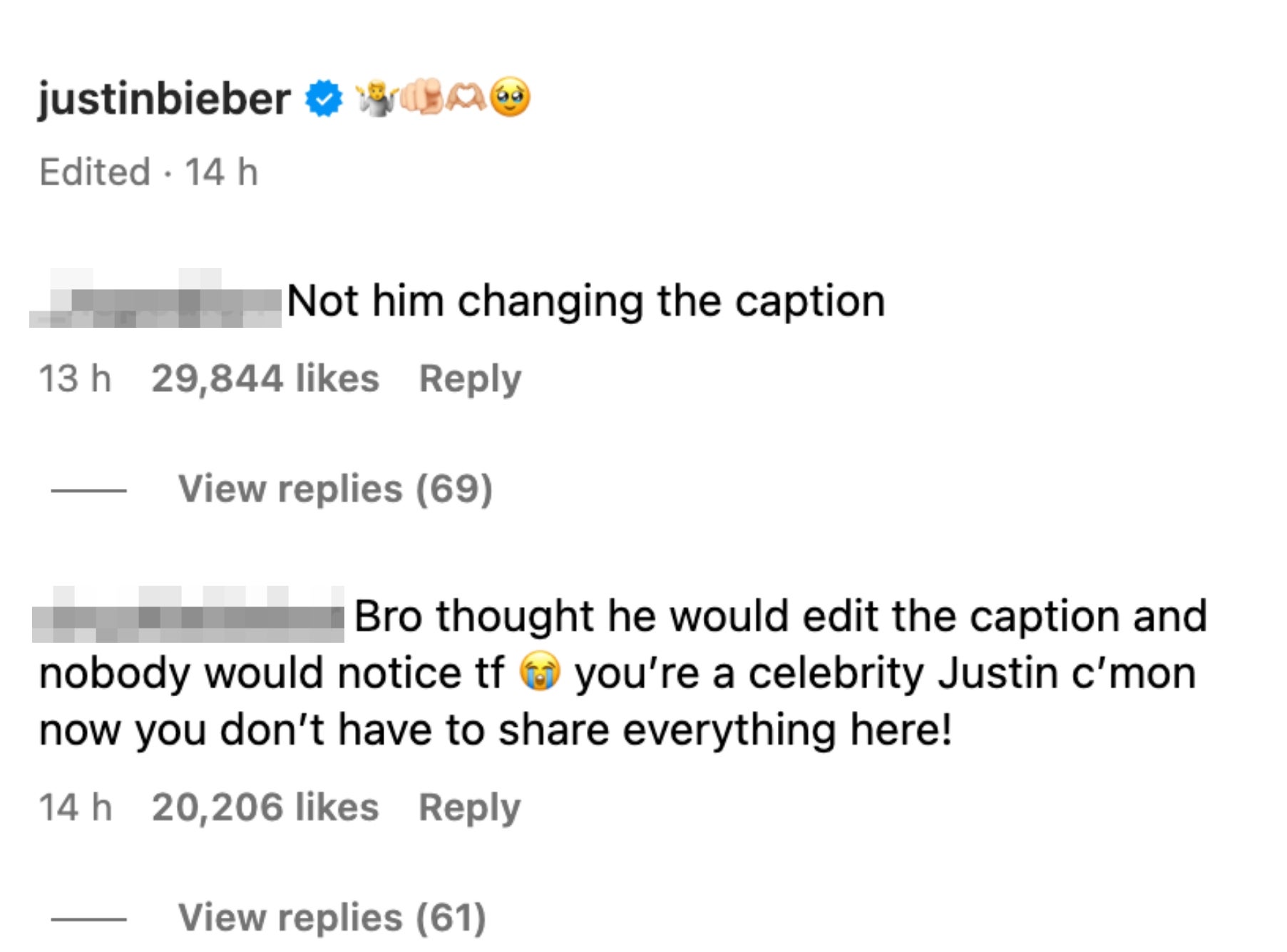 Instagram post by Justin Bieber with comments about him changing his caption
