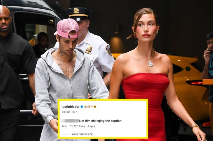 Justin and Hailey Bieber walking outdoors. Overlay: Screenshot of an edited Instagram caption from Justin, and someone making fun of the change